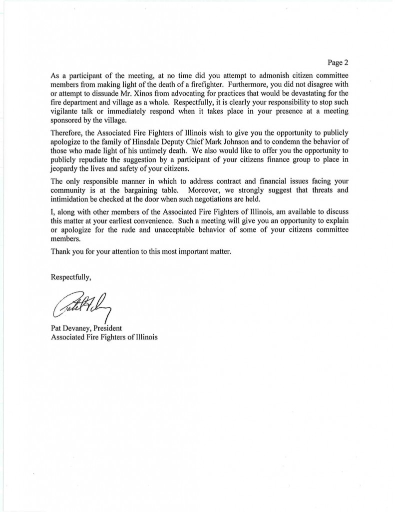 Oak Brook Fire Department union letter to the village manager