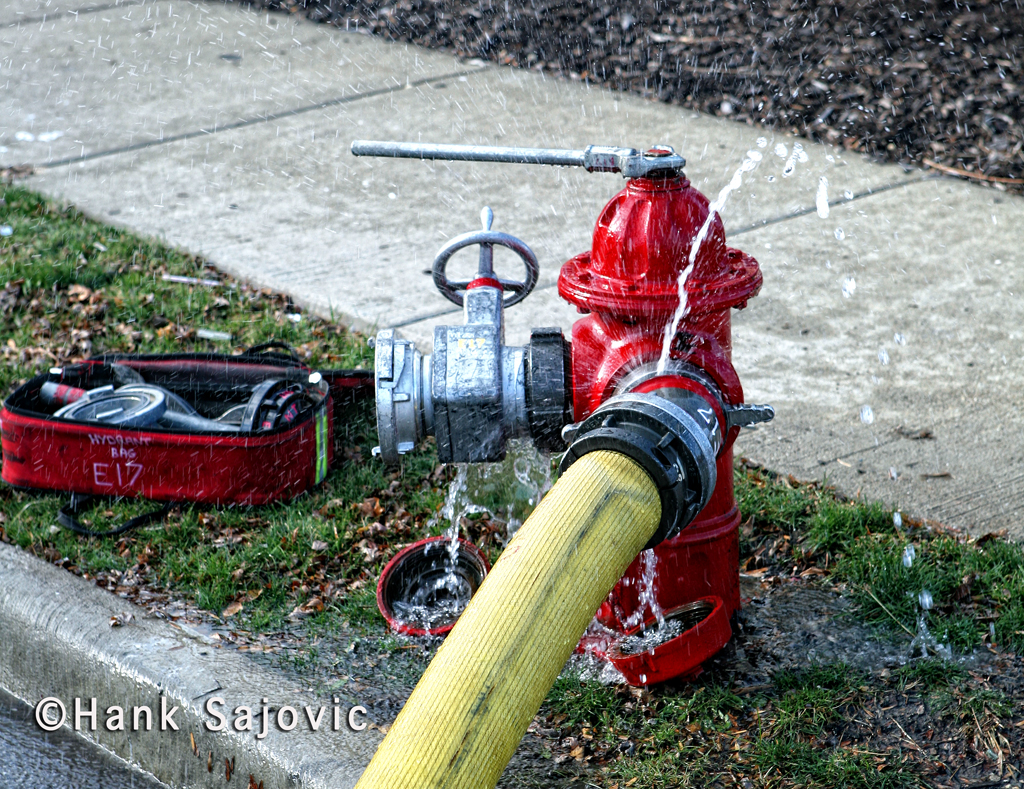 Fire hydrant with hose attached