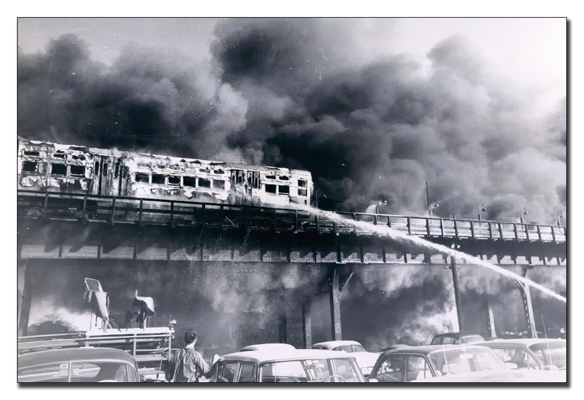 Vintage Chicago Fire Department fire photo - 1962 El platform fire