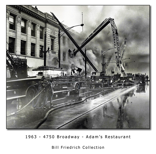 Historic fire photo of the Chicago Fire Department at 4750 Broadway in 1963 at Adam's restaurant