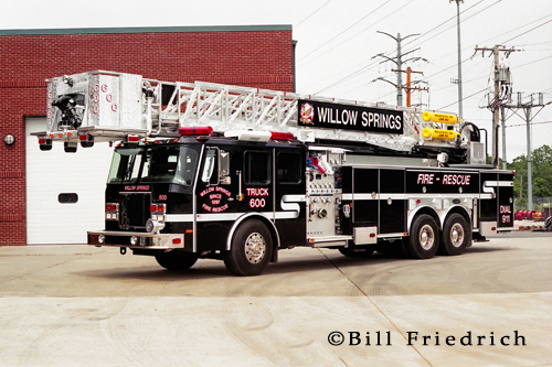 Willow Springs Fire Department black E-ONE tower ladder