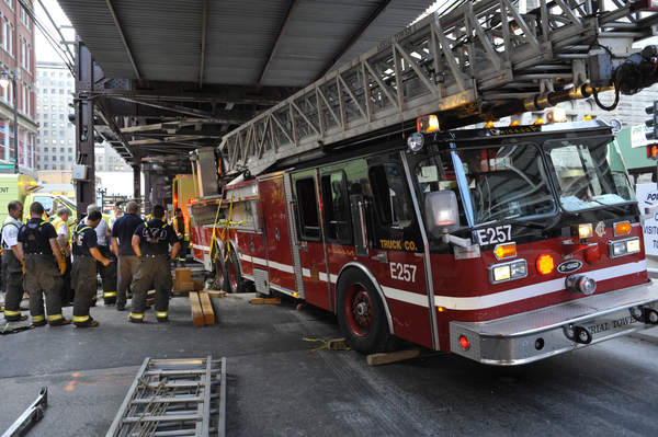 Chicago ladder truck stuck at construction site