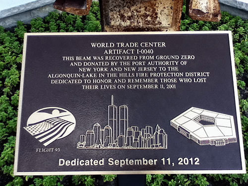 Algonquin Fire District Firefighter Memorial with 9/11 artifact