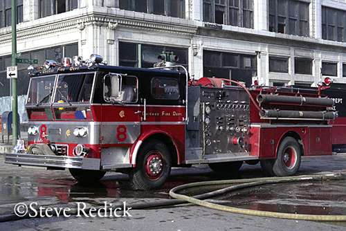 1970 Ward LaFrance Ambassador pumper assigned to Chicago Fire Department Engine 8