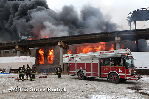 Chicago 4-11 Alarm massive fire at commercial warehouse facility 12-29-12 at 2444 S. 21st Street Snorkel