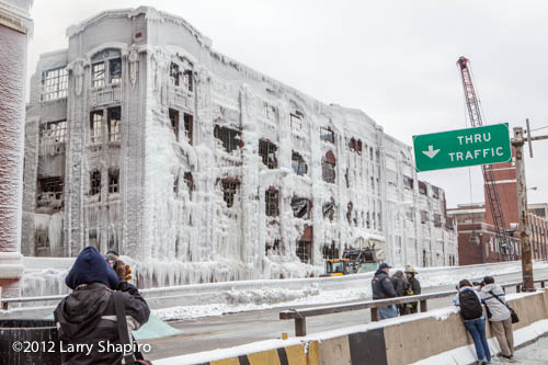 building covered with ice after warehouse fire in Chicago