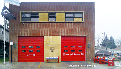 Chicago firehouse with red doors