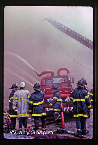 CFD Turret Wagon 6-7-1 working in the rear at a 5-11 Alarm fire in June of 1985 on Clinton. Larry Shapiro photo