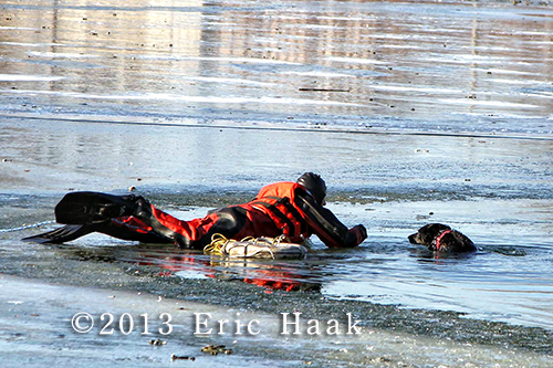 firemen rescue dog from frozen pond