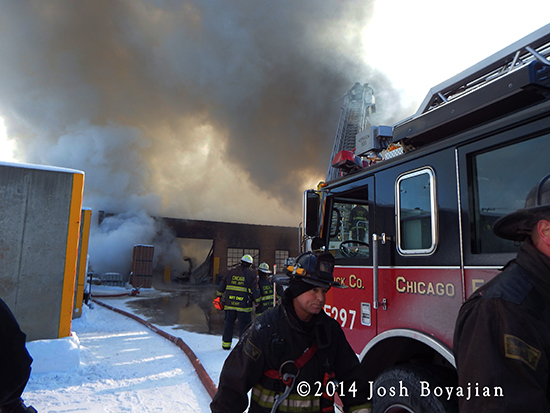 Chicago firemen battle frigid 3-11 alarm warehouse fire 1-3-14.