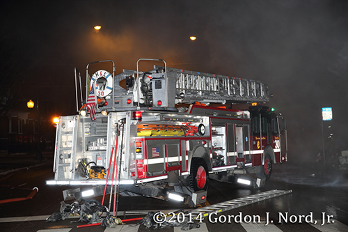 E-ONE ladder truck at night fire scene in Chicago