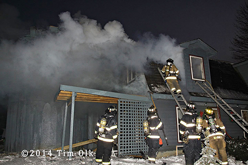 firemen working at night time winter house fire