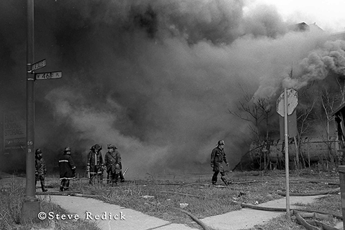 black and white smokey fire scene