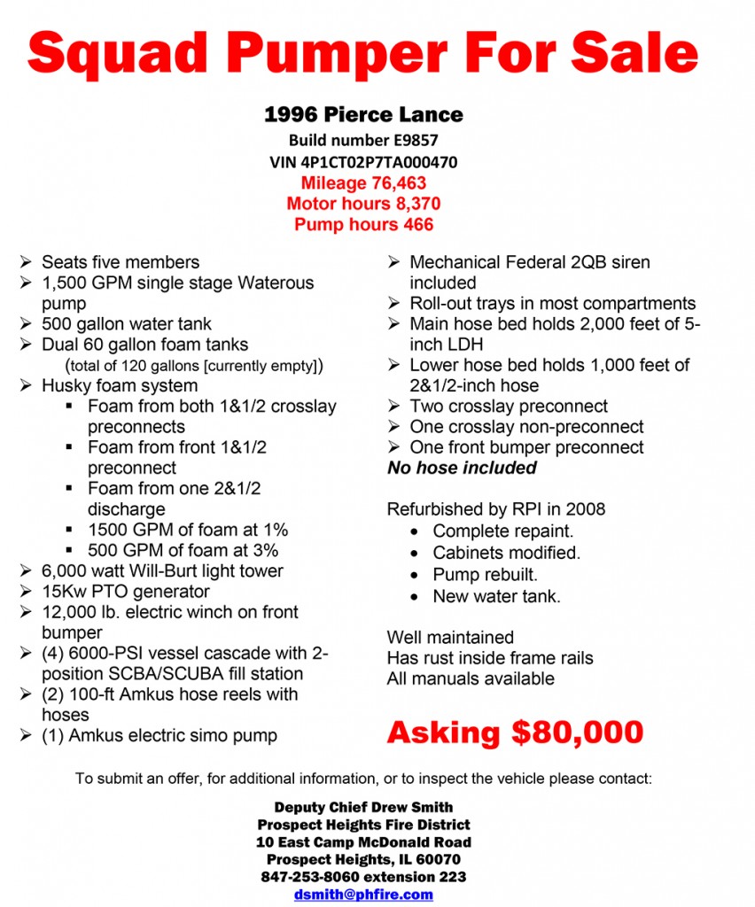 1996 Pierce Lance Rescue pumper for sale