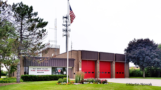 fire station with red doors