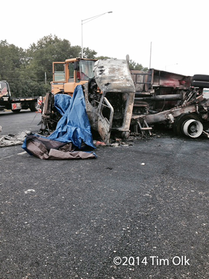 dump truck destroyed by fire on I-57