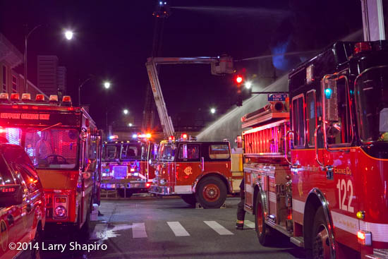 Chicago fire trucks at night fire scene