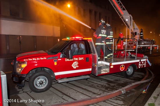 Chicago FD Turret Wagon 676 at a night fire scene