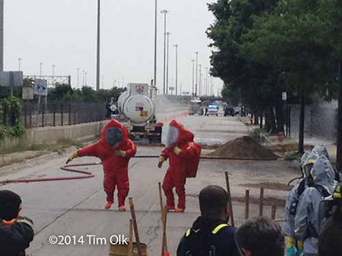 Chicago Fire Department hazardous materials team working at a chemical spill