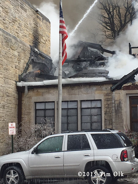 American flag at building fire