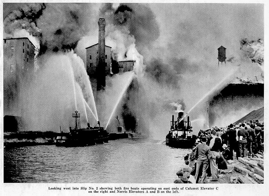 historic photo featuring Chicago FD fire boats the Fred Busse and the Joseph Medill at the Grain Elevator Conflagration of 1939