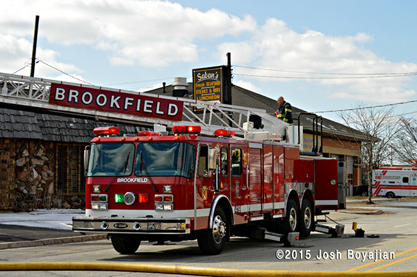 Brookfield FD E-ONE ladder truck at fire scene