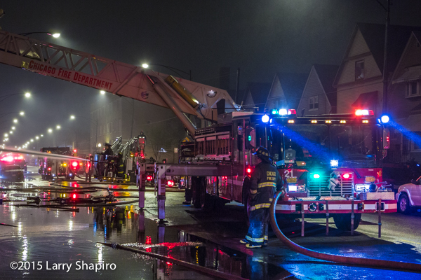 Chicago FD Tower Ladder 21 working at a fire