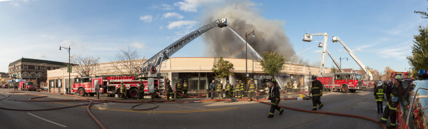 panorama of commercial fire scene in Chicago