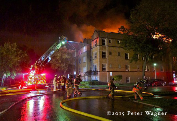 night apartment building fire scene