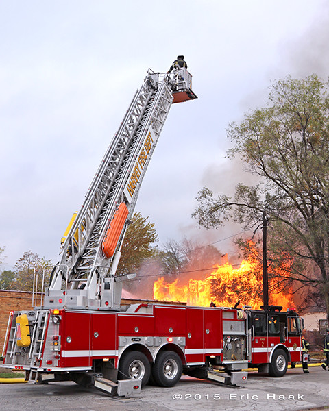 E-ONE tower ladder at fire scene