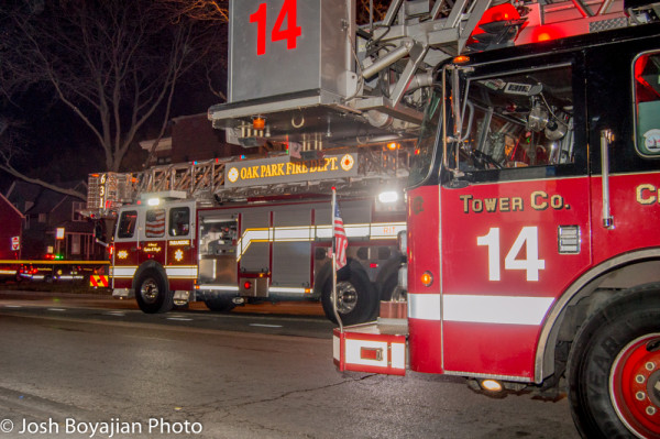 Chicago FD and Oak Park FD tower ladders