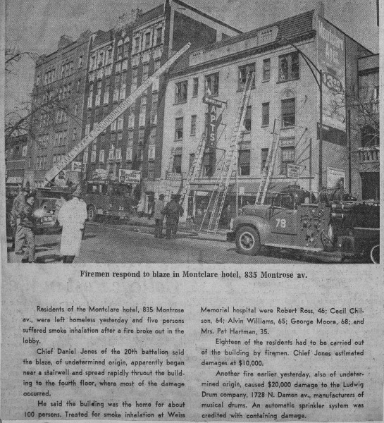 News clipping from a fire at the Montclair Hotel at 835 W. Montrose Avenue in Chicago