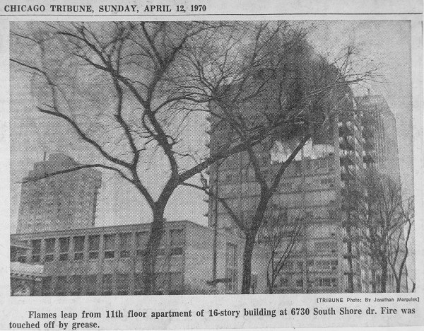 News clipping from a fire in a high-rise apartment building at 6730 South Shore Drive in Chicago, April 12, 1970