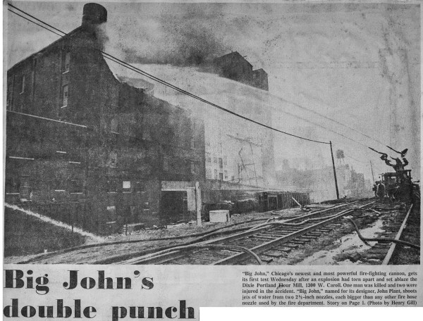News clipping from a huge fire at the Dixie Portland Flour Mill in Chicago 3-18-70
