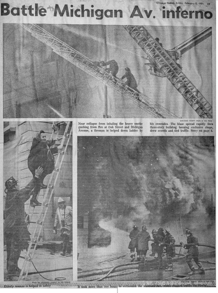 News clipping from a 5-11 Alarm fire with 1 Special Alarm at 952 N Michigan Ave,  Feb 5, 1971