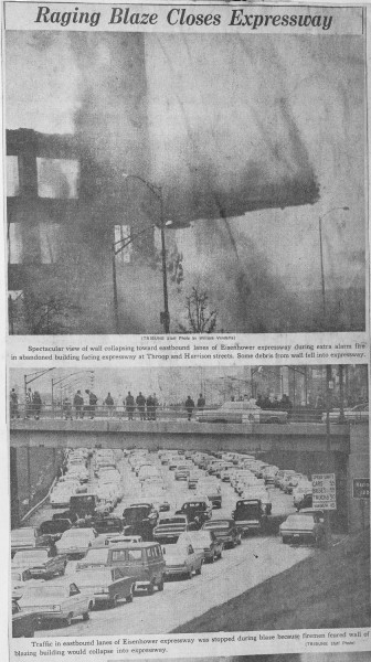 News clipping from a spectacular 5-11 Alarm fire in Chicago at Harrison & Throop in 1967