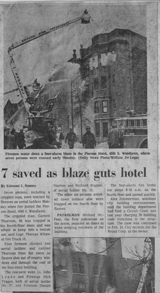 News clipping from a historic Chicago fire at the Pierre hotel