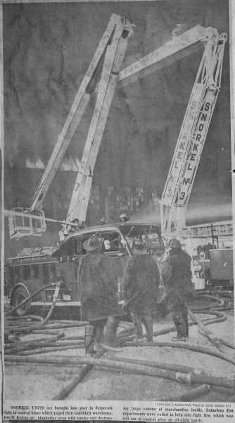 News clipping from a historic Chicago fire at a vacate Goldblatts warehouse 