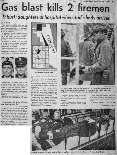 News clipping from an historic fire that destroyed mcCormick Place in Chicago on  February 13, 1971