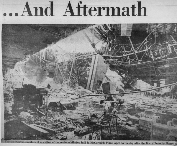 News clipping from an historic fire that destroyed mcCormick Place in Chicago on January 16, 1967