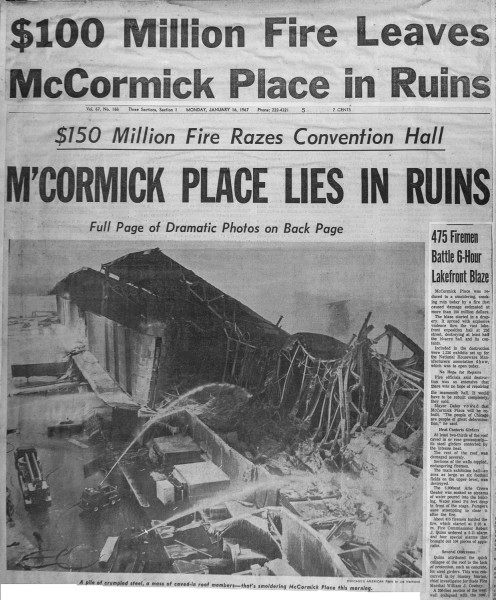 News clipping from an historic fire that destroyed mcCormick Place in Chicago on January 16, 1967