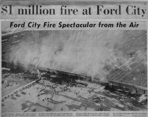 News clipping from an historic fire that destroyed the Ford City shopping center