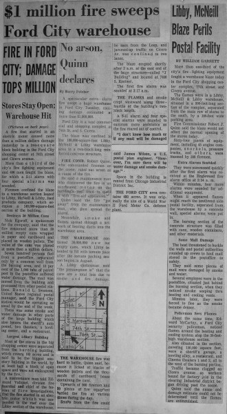 News clipping from an historic fire that destroyed the Ford City shopping center 4-2-68