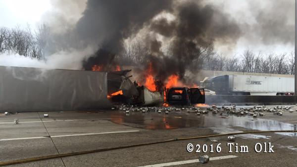 tractor-trailer burning after crash