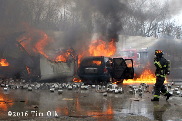tractor-trailer burning after crash