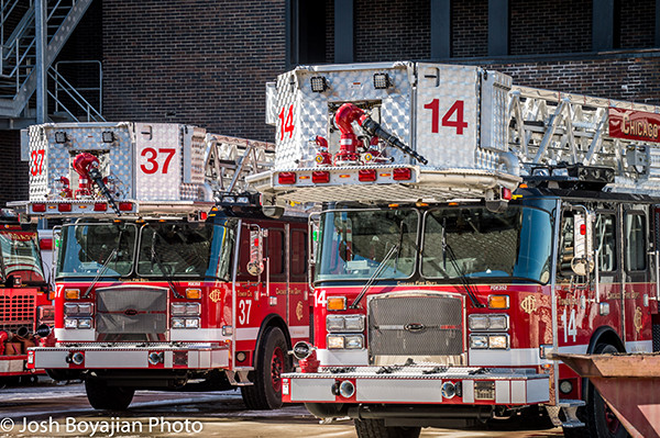 New E-ONE tower ladders for the Chicago Fire Department.