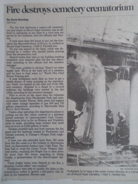 news clipping of a fire in Marionette Park