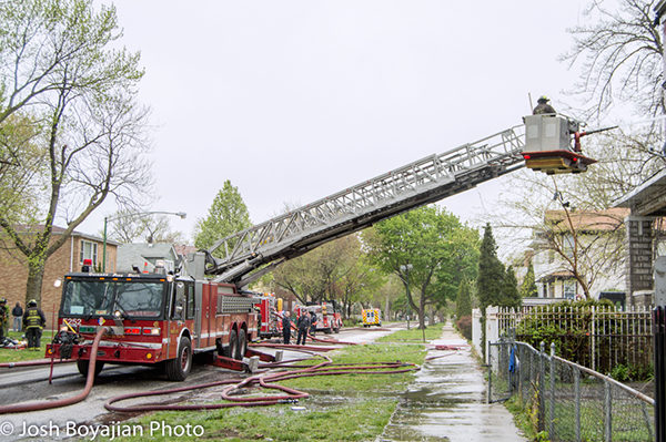 Chicago FD spare tower ladder at fire scene