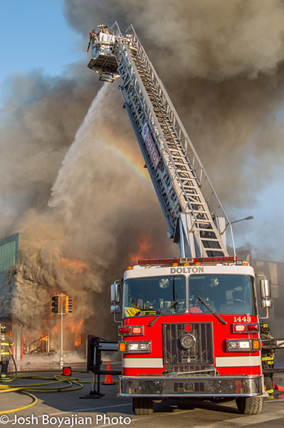 Sutphen tower ladder at fire scene