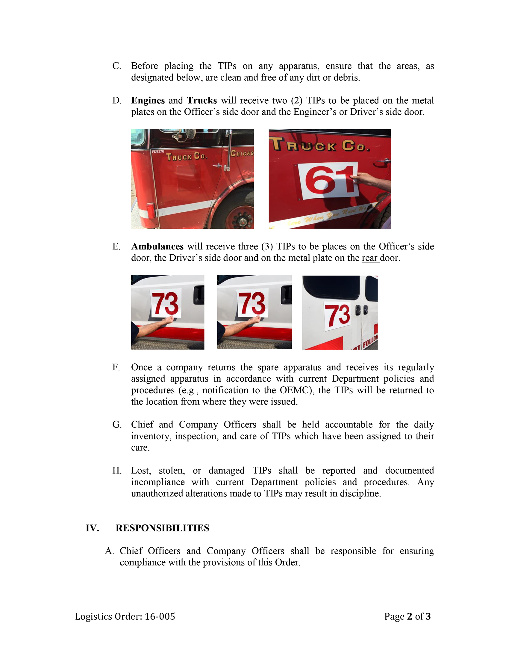 CFD Logistics Order 16-005 - Temporary Identification Placards